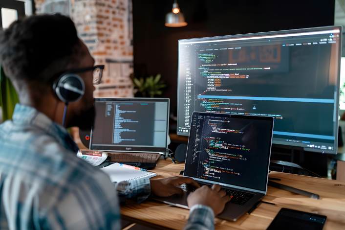 programmer-codes-remotely-laptop-surrounded-by-monitors-1